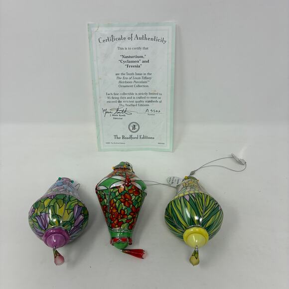 Bradford Editions Era of Louis Tiffany Heirloom Porcelain Ornaments #10 set of 3 - Picture 1 of 9
